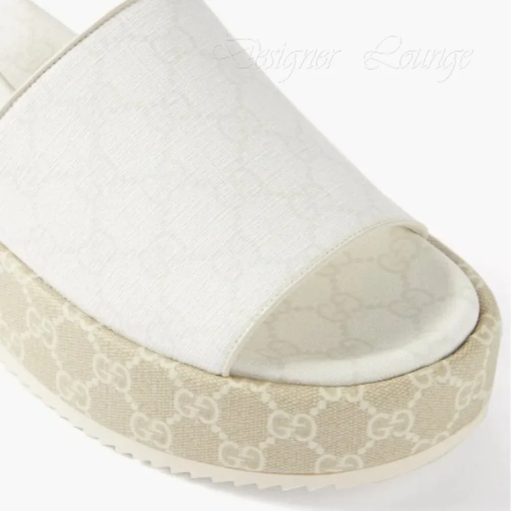 NEW GUCCI Angelina GG White Supreme Canvas Slingback Platform Sandals EU 40.5
